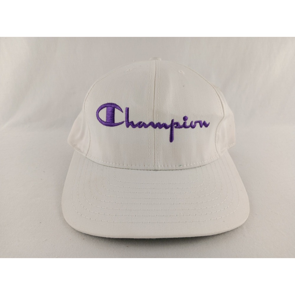 Champion Script Logo Snapback Hat Mens OSFA‎ White Purple Vintage USA Made Cap